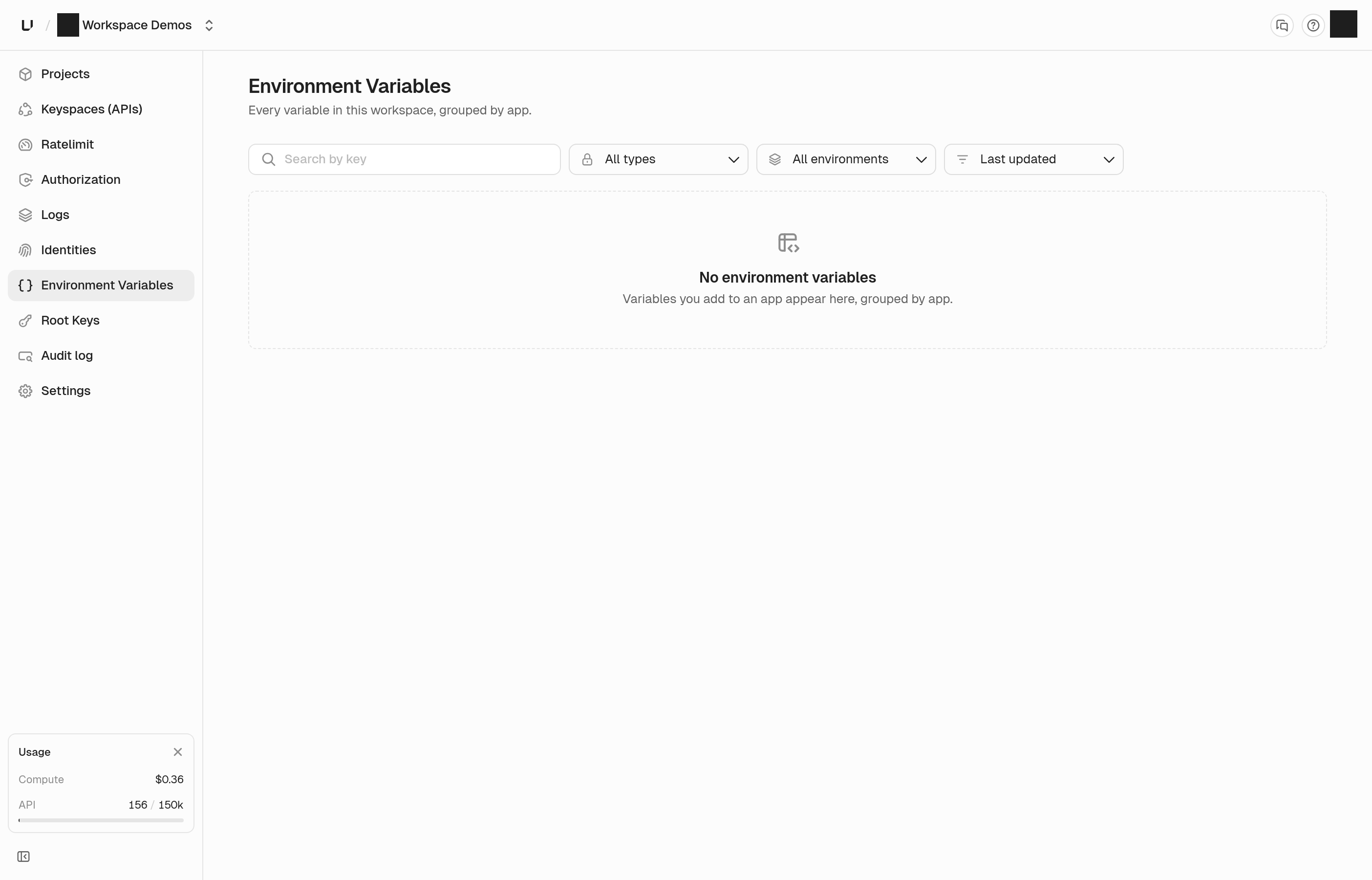 Workspace environment variables page