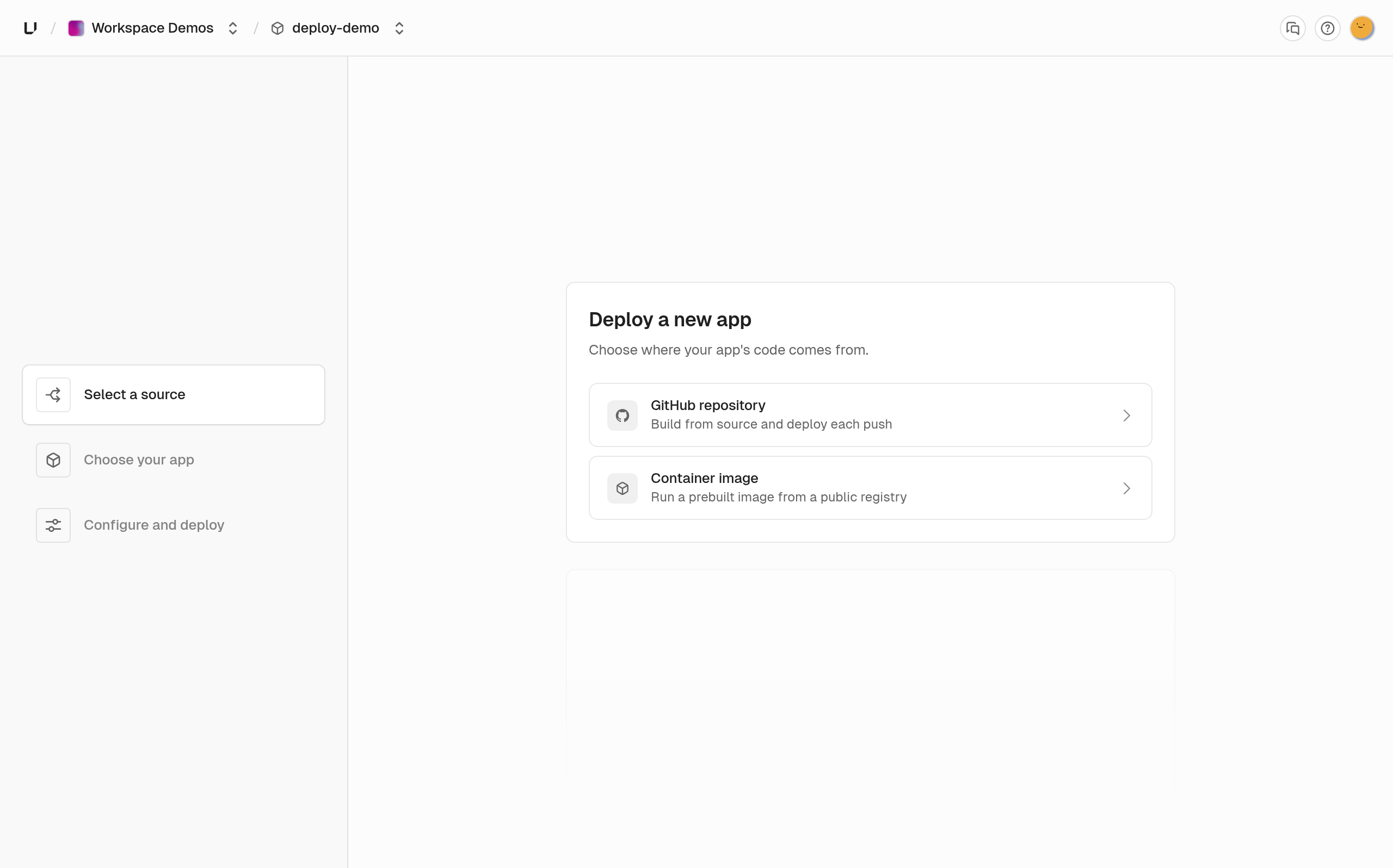 Deploy a new app, with GitHub repository as the source
