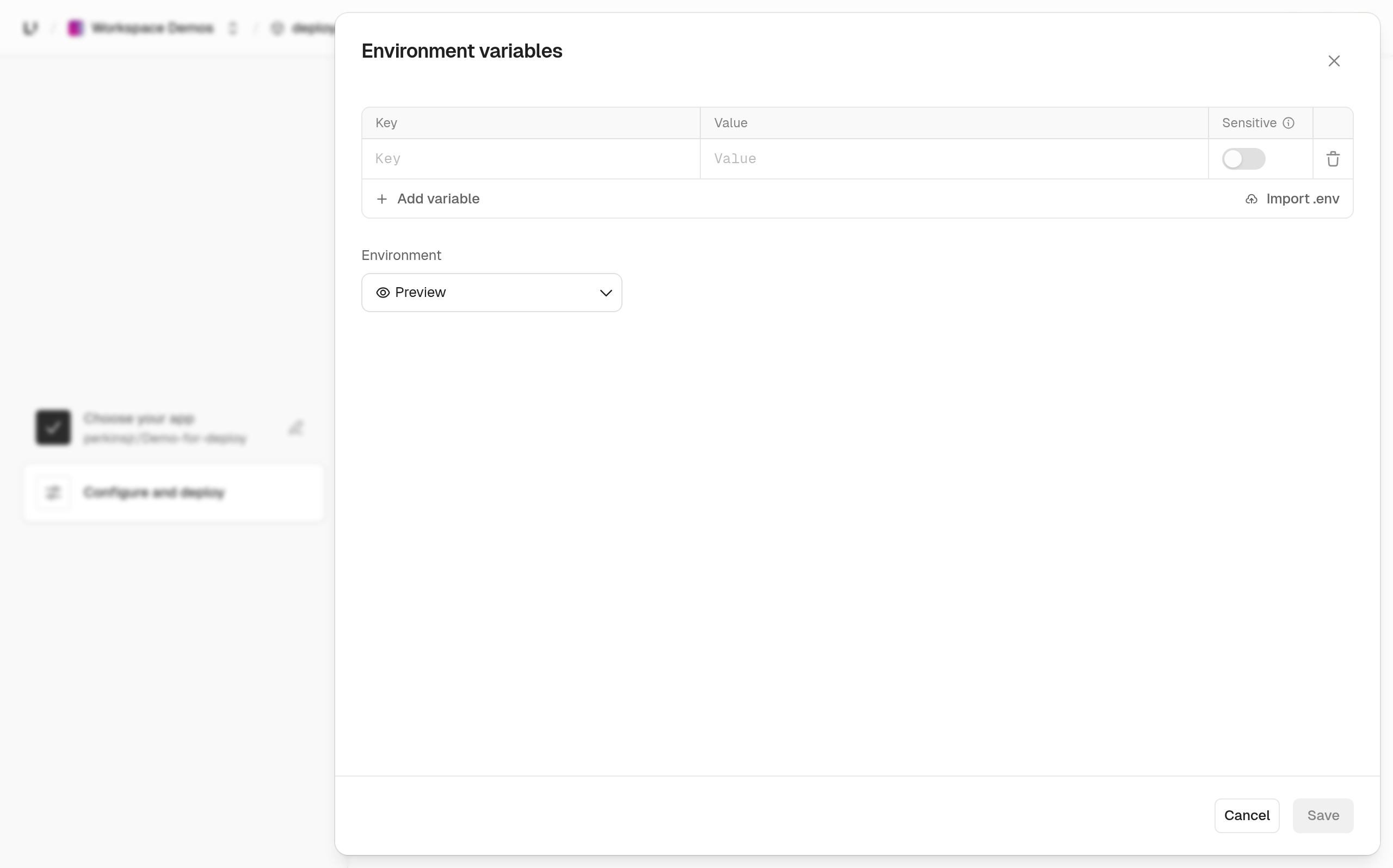 The Environment variables dialog scoped to the Preview environment