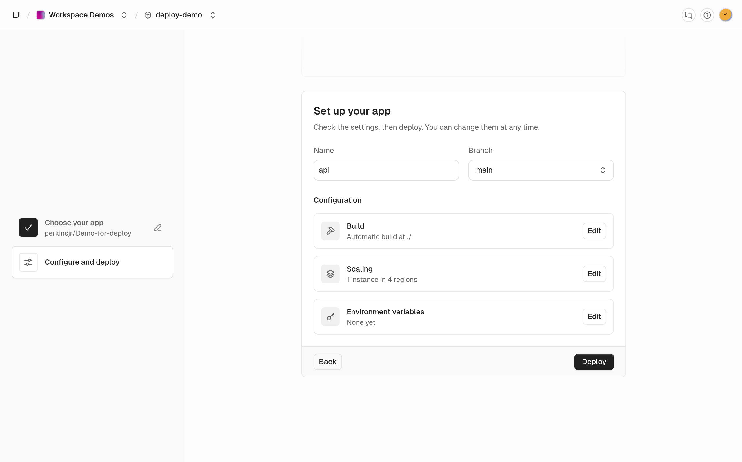 The Set up your app step: name api, branch main, automatic build, one instance in four regions