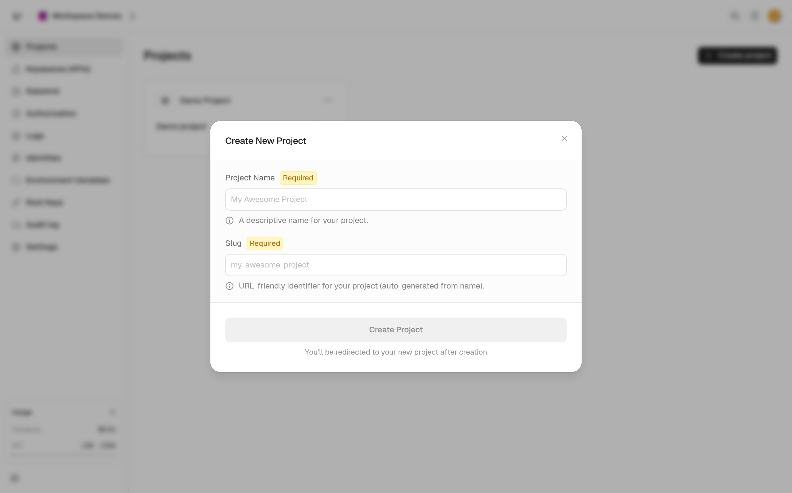 The Create New Project dialog with Project Name and Slug fields