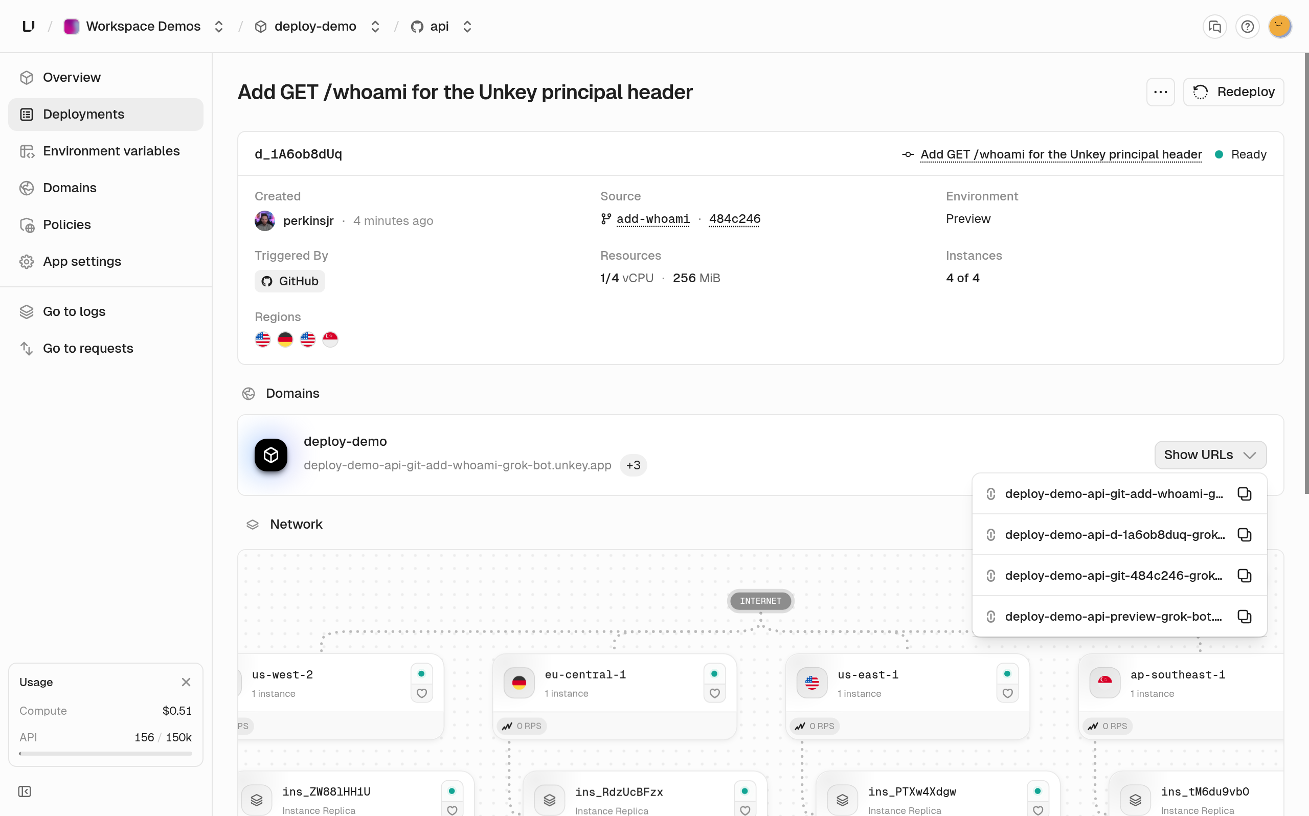 A preview deployment for Add /whoami route, with its branch, commit, and Preview environment