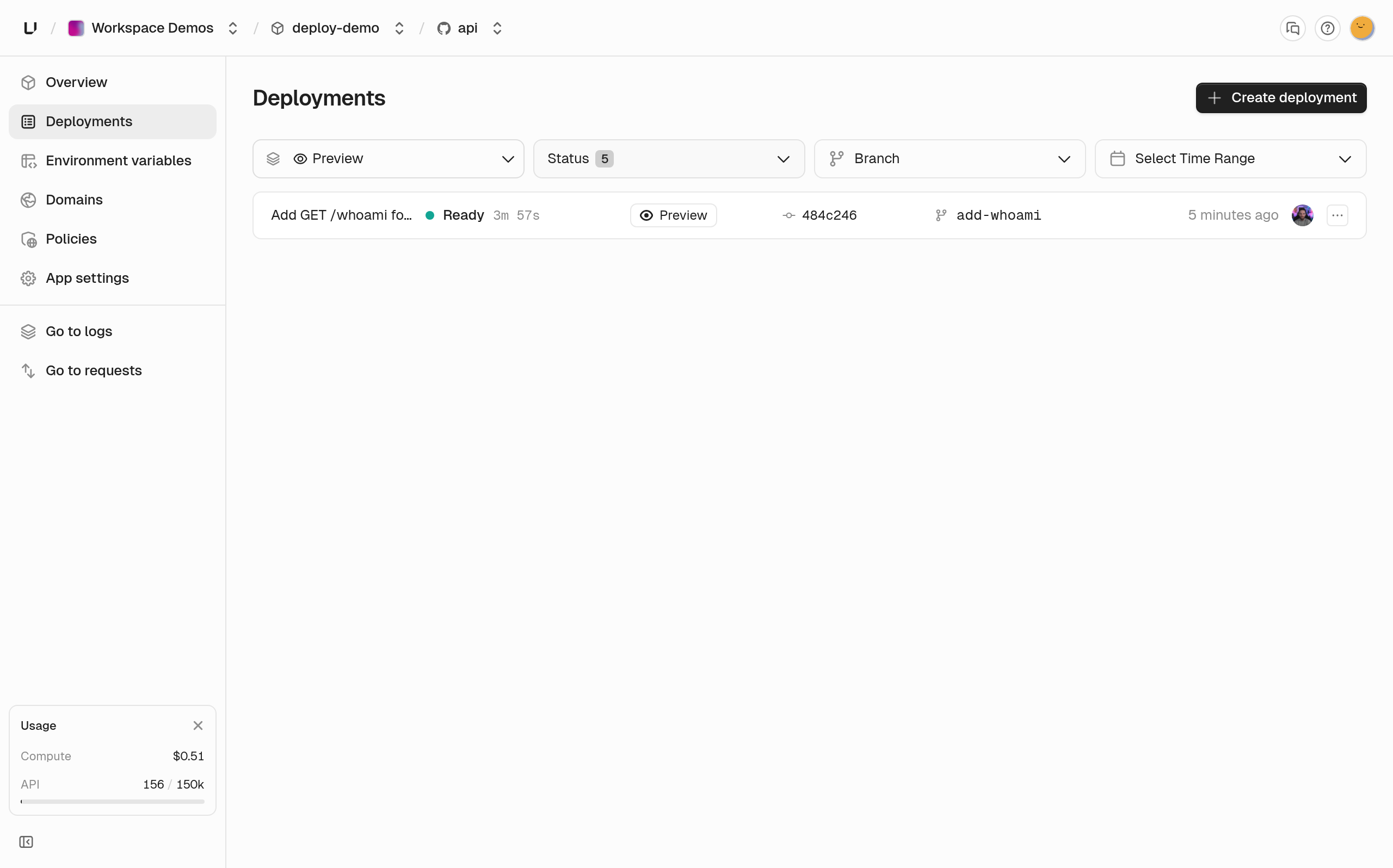 The app's Deployments list filtered to Preview, showing the Add /whoami route preview