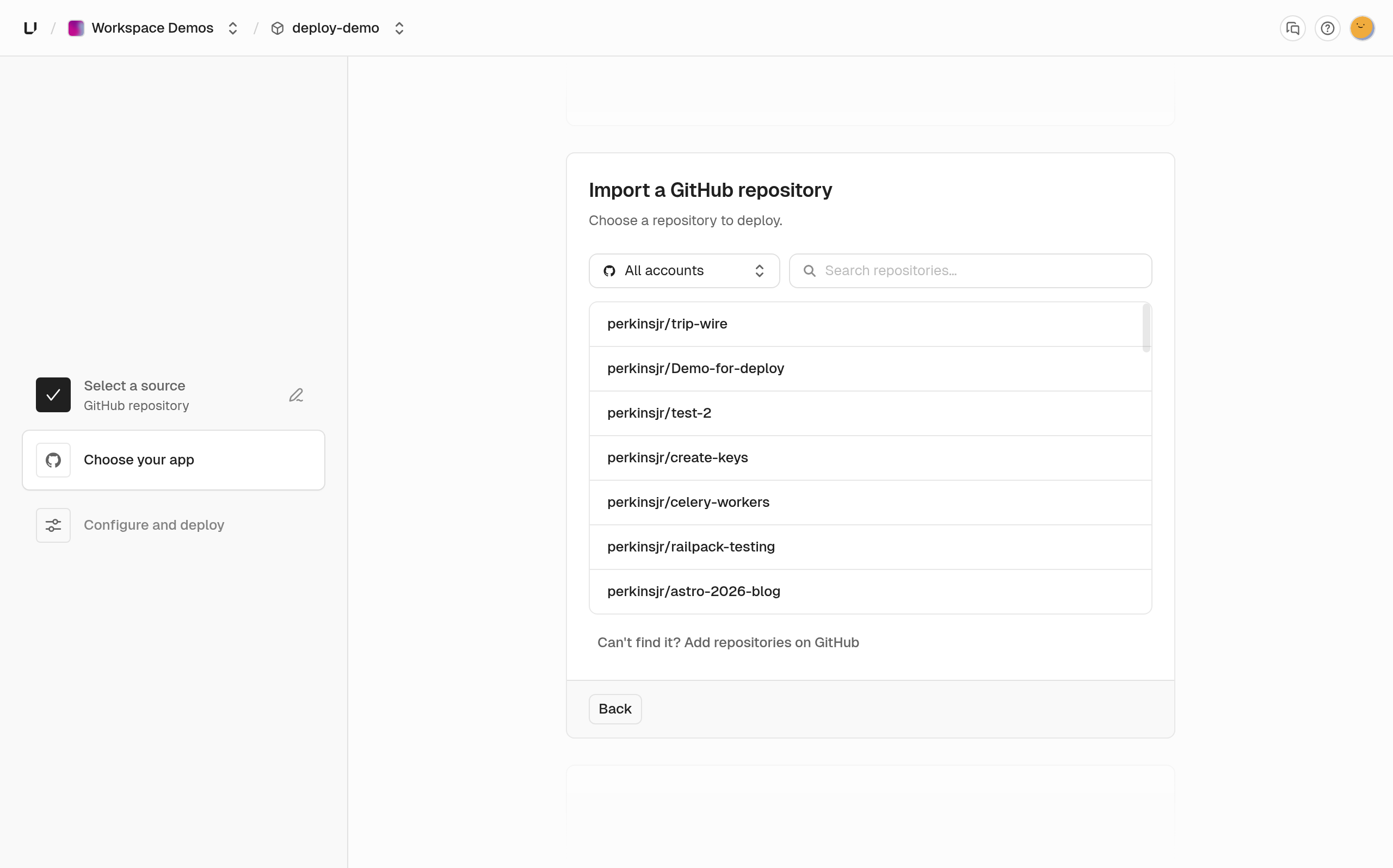 The Import a GitHub repository step listing the account's repositories