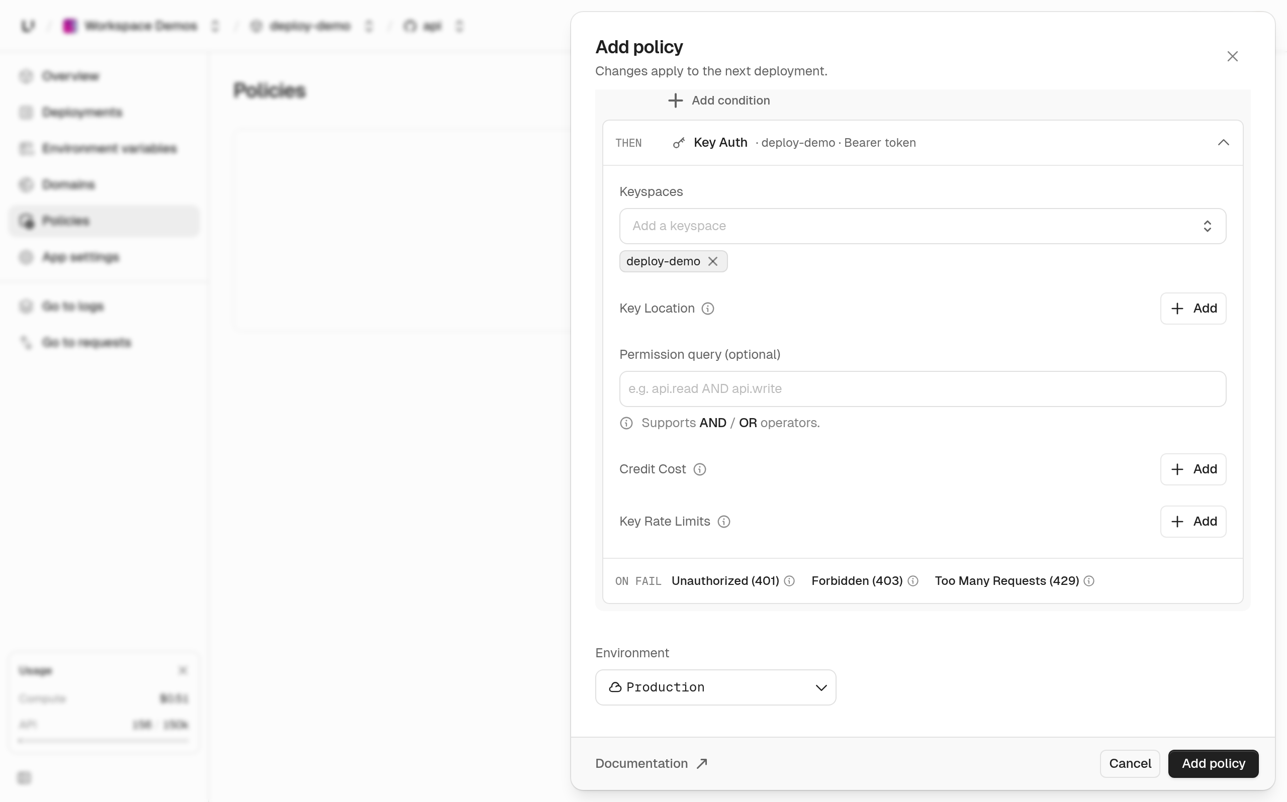 The rest of the Add policy form, with ON FAIL codes 401, 403, and 429 and Environment set to Production