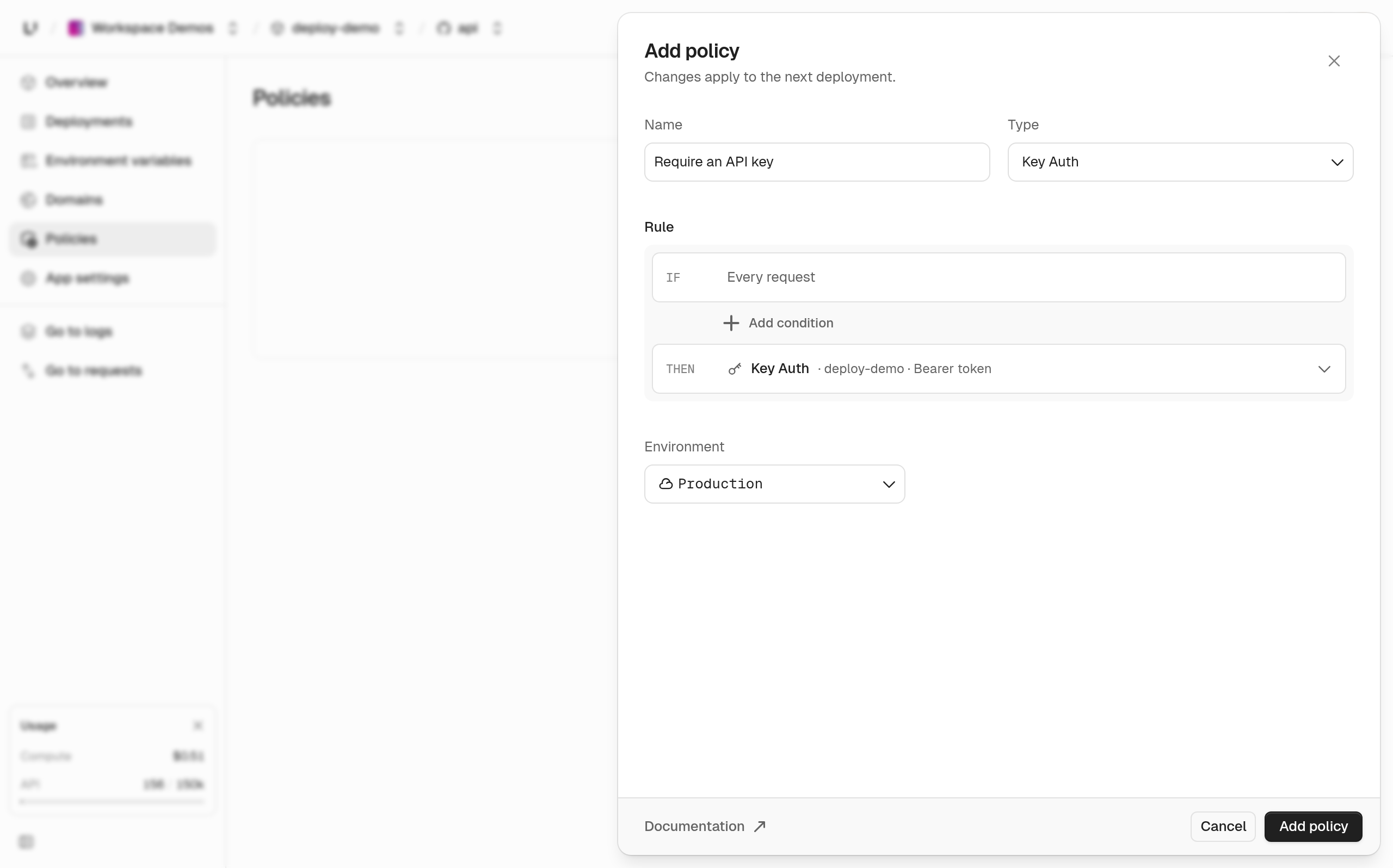 The Add policy form: name Require an API key, Type Key Auth, rule IF Every request THEN Key Auth, with a keyspace selected