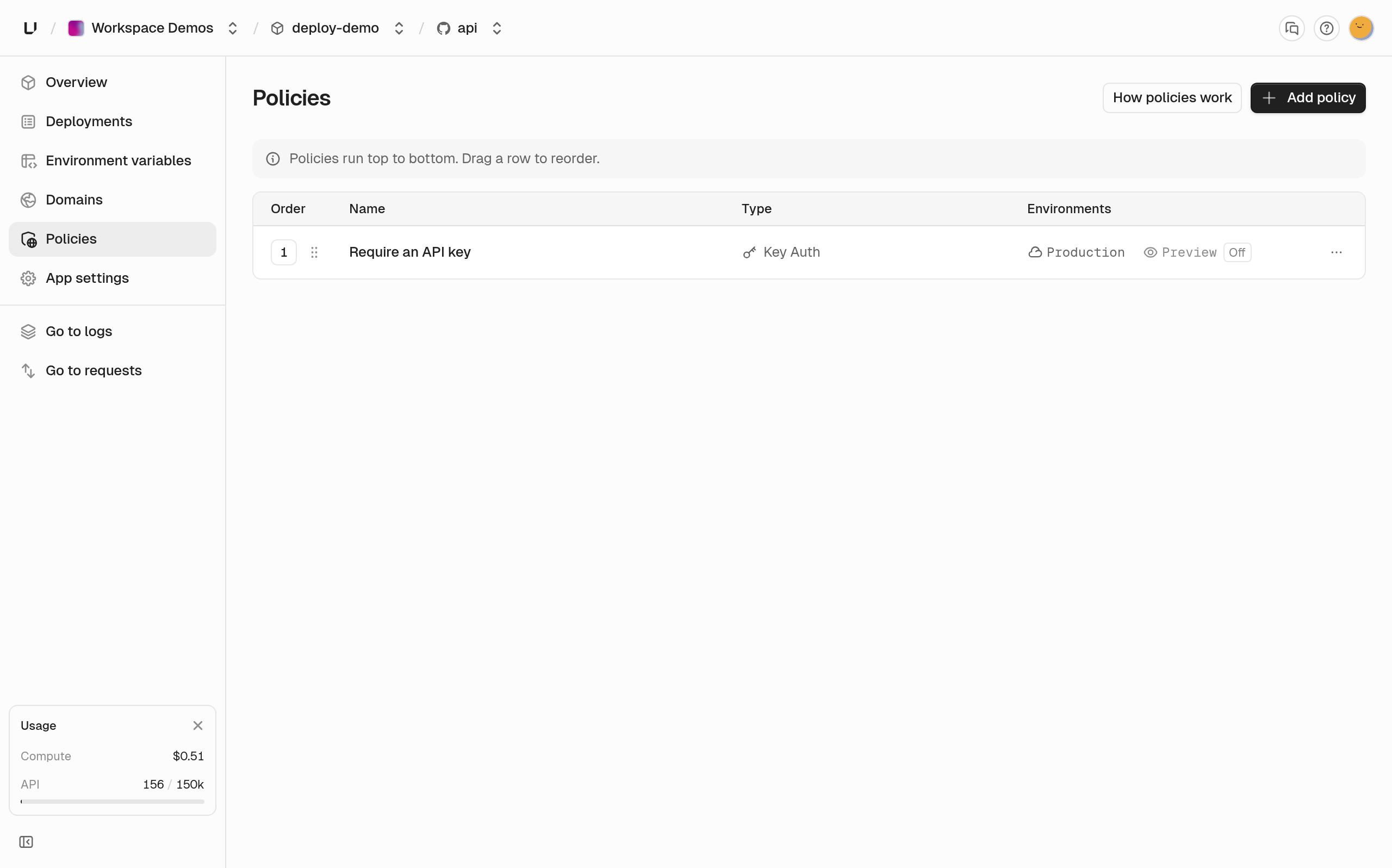 The Policies list with Require an API key, a Key Auth policy that is on for Production