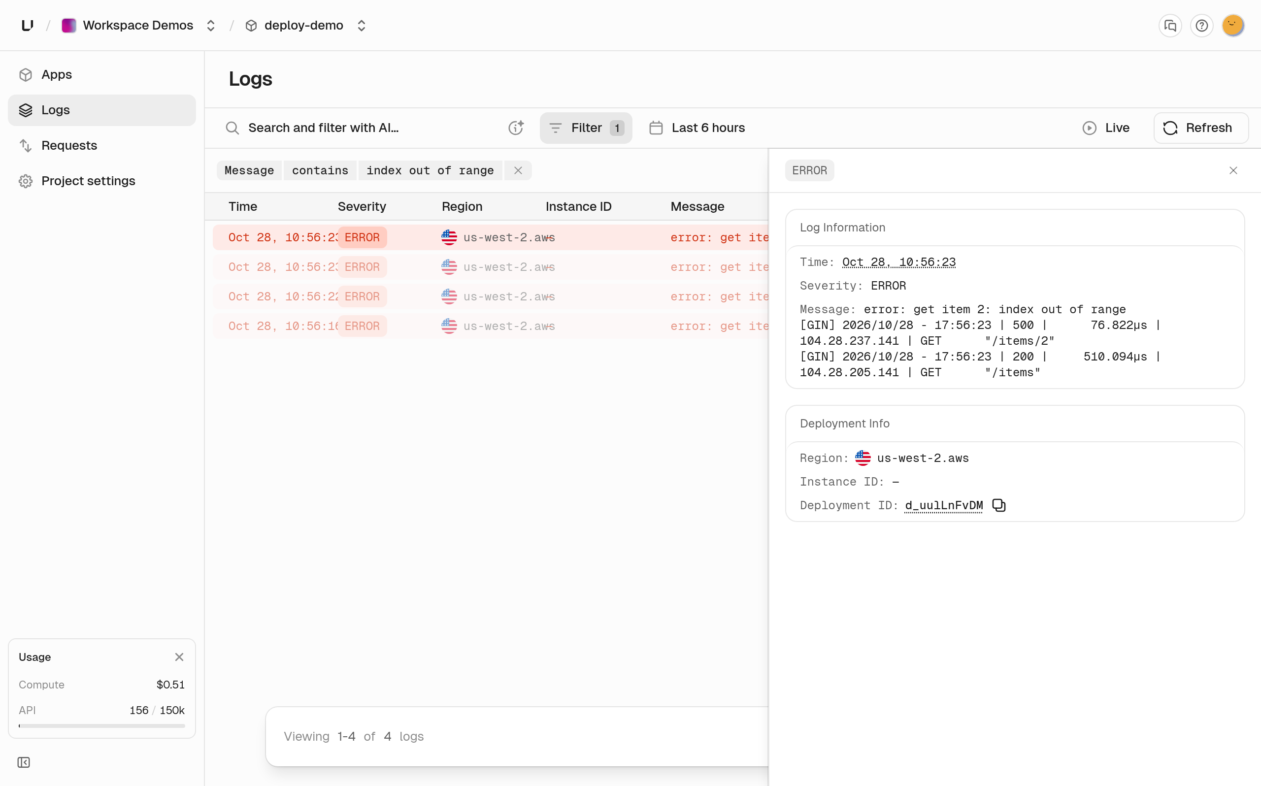 Logs searched for index out of range: three ERROR lines, with error: get item 2: index out of range open
