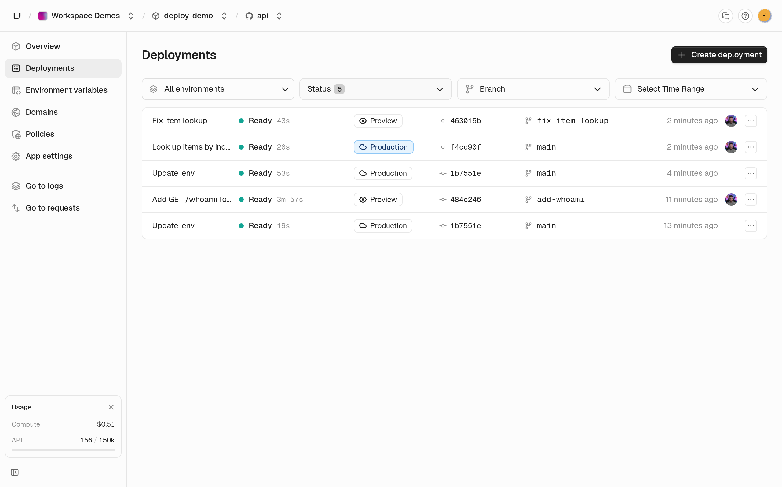 The app's Deployments list: the Fix item lookup preview at Ready, above the current production deployment, Look up items by index