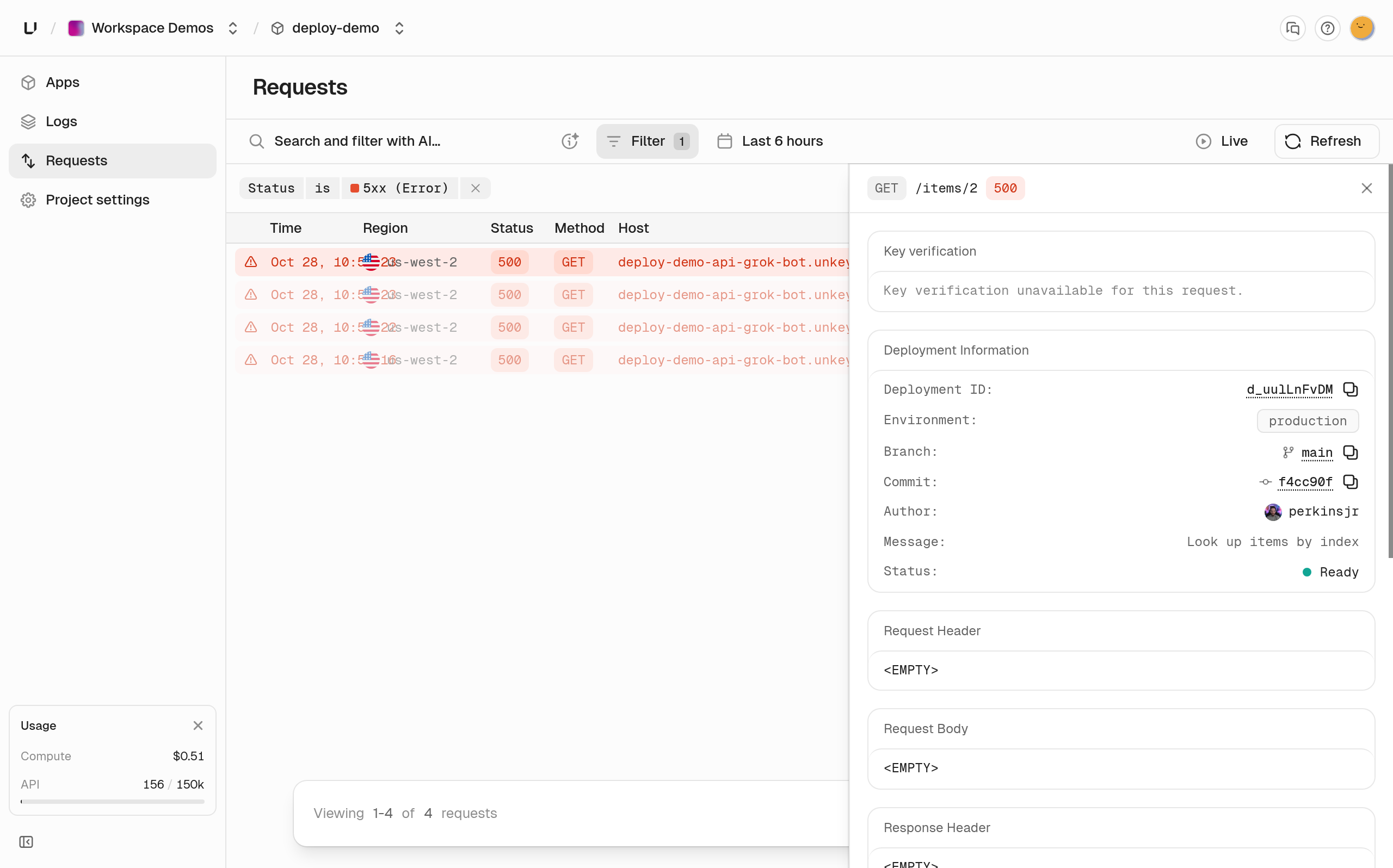 Requests filtered to 5xx: three GET /items/2 calls returned 500, with one open to show the production deployment, branch, and commit that served it