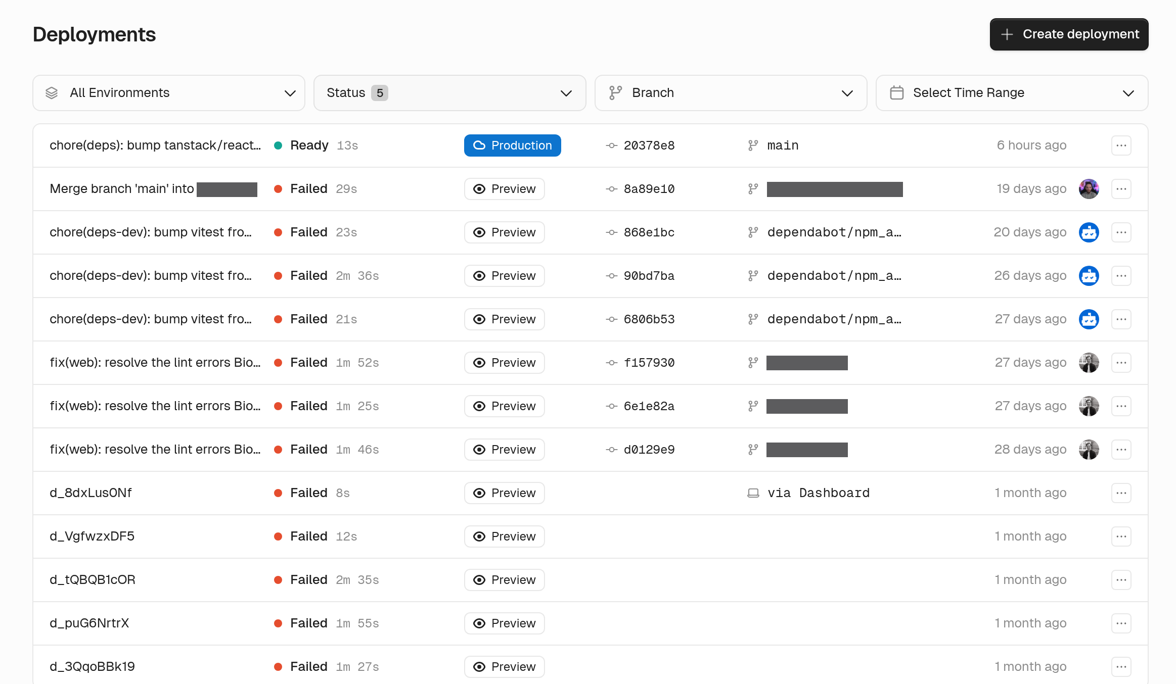 Deployment rows